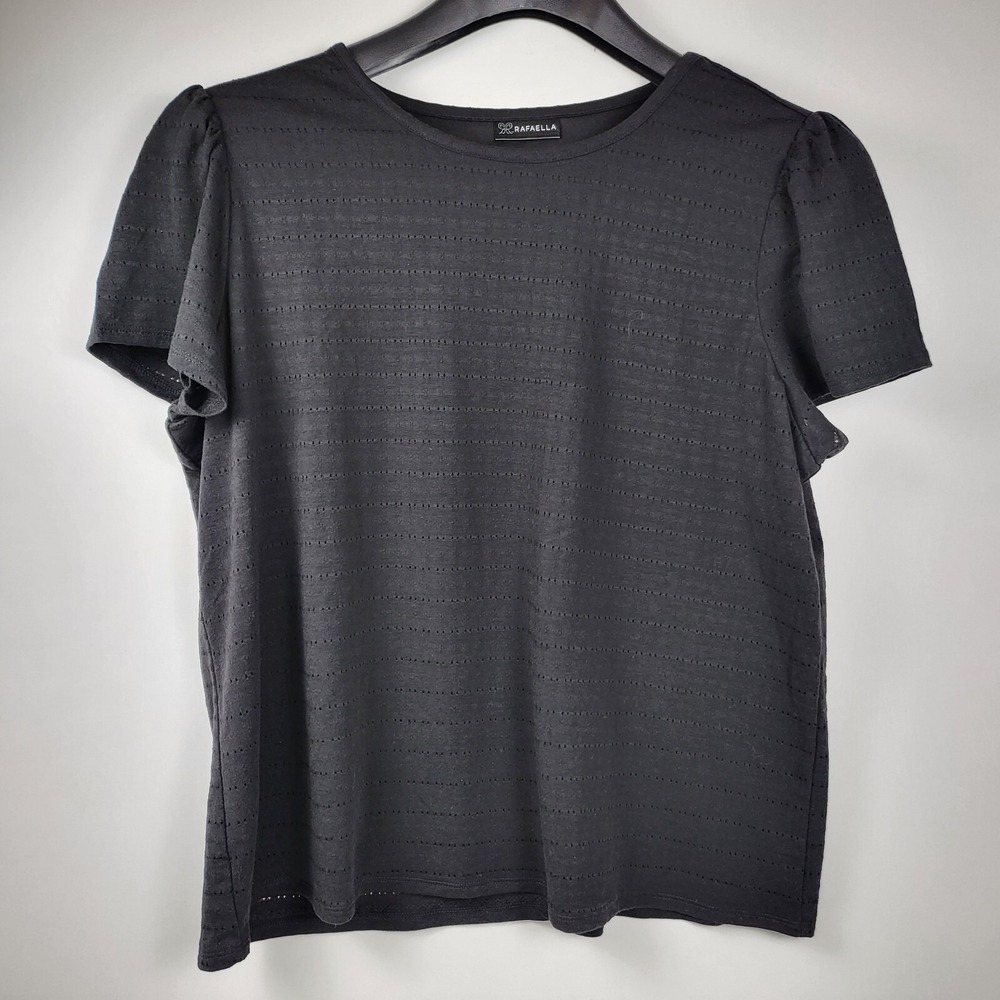 Rafaella Black Lined Blouse Womens Size Medium Short Sleeve Eyelet